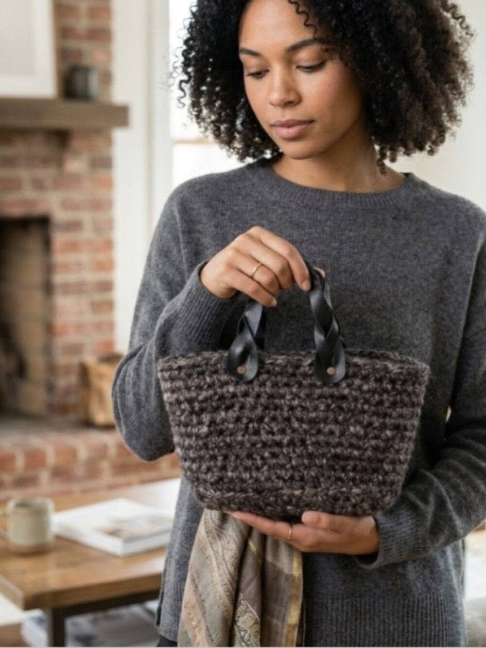 Handmade Wool Blend Mini Bucket Bag Braided Faux Leather Handles Charcoal